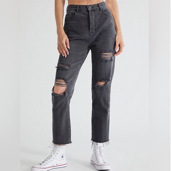 PacSun 25 (3) High Rise Straight Womens Jeans Washed Black Distressed Frayed Hem - Picture 1 of 10